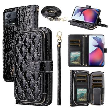 Imagem de Furiet Argyle Capa carteira para Motorola Edge 30 Fusion/Moto S30 Pro 5G com tiracolo/alça de pulso luxuosa de couro PU suporte com zíper bolsa à prova de choque porta-cartões capa para celular 2022