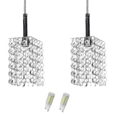 Imagem de Kit 2 Lustres Pendente Quadrado Clearcast Cristal Legitimo com Lâmpadas 3000K (Branco Quente)