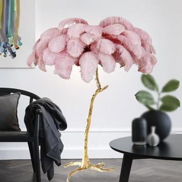 Imagem de Lâmpada de leitura de chão moderna com penas de avestruz, lâmpada alta regulável de 3 cores, luz dourada com interruptor de pé, lâmpada romântica para quarto de princesa