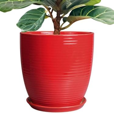 Imagem de EPFamily Vaso de cerâmica para plantas de 30,5 cm - Vaso interno com orifício de drenagem e pires redondo grande para plantas ao ar livre, vaso de flores moderno de meados do século para decoração de