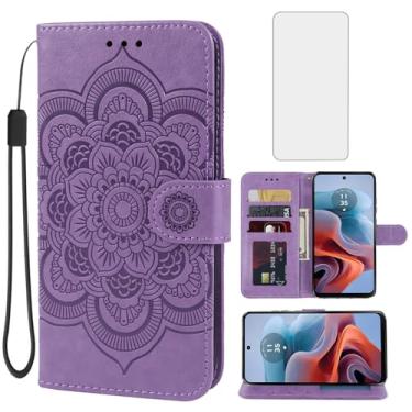 Imagem de Bohefo Capa para Moto G34 5G, capa carteira para Moto G45 5G XT2363-2 com protetor de tela de vidro temperado, capa flip de couro mandala, suporte para cartão de crédito, capa para celular Motorola