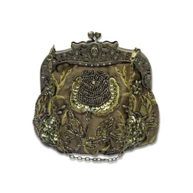 Imagem de CORIOS Bolsa vintage de 1920 com contas para noite com pérolas, bolsa de mão feminina de casamento com lantejoulas e strass, Verde militar, Large