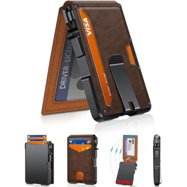 Imagem de Carteira masculina minimalista de 9 a 13 cartões, fina e compacta com clipe para dinheiro e janela para identidade, carteira de cartão pop-up inteligente com bloqueio de RFID, porta-cartão de crédito
