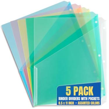 Imagem de 1InTheOffice Divisórias de fichário de plástico, divisórias de fichário com bolsos, bolsos para fichário com 3 anéis, tamanho carta, cores sortidas, pacote com 5