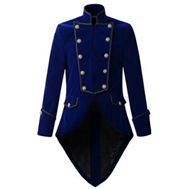 Imagem de DarcChic Jaqueta masculina Steampunk de veludo gótico VTG vitoriana, Azul, GG