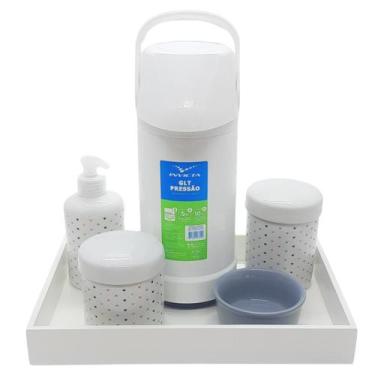 Imagem de Kit higiene Poá 6 peças Porcelana - Molh. Cinza - Bandeja Branca - Gen