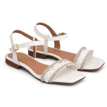 Imagem de Sandália Rasteirinha Feminina em Tiras de Strass e Tranças com Fivela 