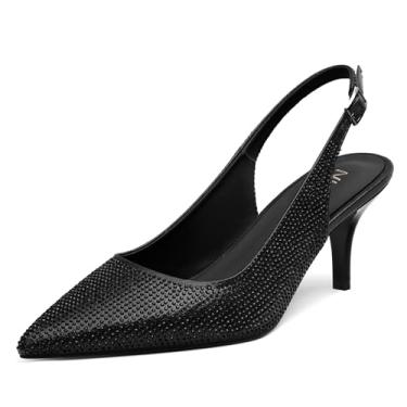 Imagem de NUMALEO Salto Slingback feminino bico fino e fechado salto gatinho sapato social confortável festa stiletto 6 cm, Strass preto, 35