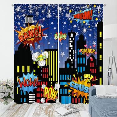 Imagem de Yoakiet Cortinas de cidade de super-heróis, desenho animado divertido explosão cidade horizonte impressão noturna bolso haste tratamentos cortinas para meninos meninas quarto quarto de bebê sala de