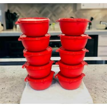 Imagem de Conjunto de 10 Potes Herméticos, 1 Litro, Vermelho, Redondo, Seguro para Microondas e Lava-Louças