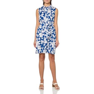 Imagem de Tommy Hilfiger Vestido feminino estampado Paisley sem mangas com cinto, Azul marina/branco brilhante, 38