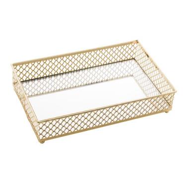 Imagem de Bandeja Retângular Dourada em Metal C/Espelho 21x13x5cm Lyor, Dourado
