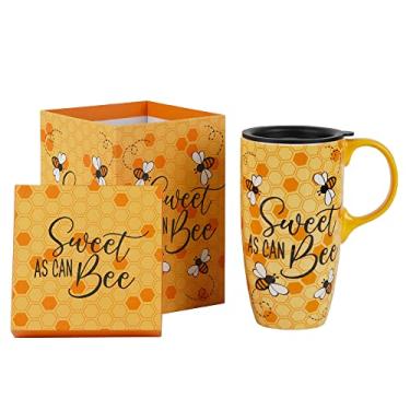 Imagem de Voltogar Caneca de viagem de café de cerâmica com alça e tampa deslizante resistente a respingos, xícara de arte de abelha de chá de porcelana de grande capacidade com caixa de cores, 16,5 cm A caneca