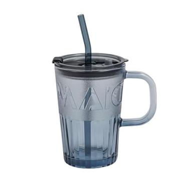 Imagem de FUENYEJIA Copo de café gelado com tampa e canudo, 430 g, copo de vidro com alça, caneca de viagem de vidro portátil, copo de água potável para bebida gelada (cinza)