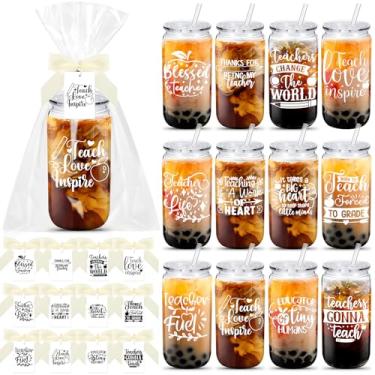 Imagem de Teenyyou 12 conjuntos de presentes de agradecimento de professores a granel 473 g copos de plástico transparente Manson reutilizáveis com canudo de tampa, cartão de agradecimento e sacos de opp para