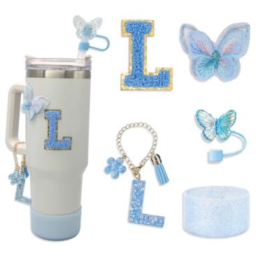 Imagem de Conjunto de acessórios Stanley Cup para Tumbler Stanley, incluindo capa de canudo de borboleta de 10 mm, pingentes de letras de copo, bota de silicone brilhante, adesivo de letras e adesivo bordado de