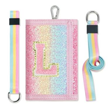 Imagem de cotmcor Carteiras infantis para meninas, adolescentes, 6-8, 8-10 anos, linda bolsa infantil com inicial de rebanho, bolso para moedas, glitter, arco-íris, carteira transversal para presentes de