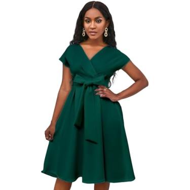 Imagem de Vestido curto feminino plus size de verão com ombros de fora decote em V simples vestido de formatura, Verde, M