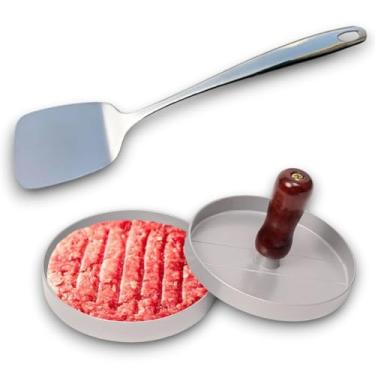 Imagem de MOLDE forma com prensa para hamburguer de aluminio 11, 8x7, 5cm e ESPÁTULA de chapa de inox 28,5 cm multiuso