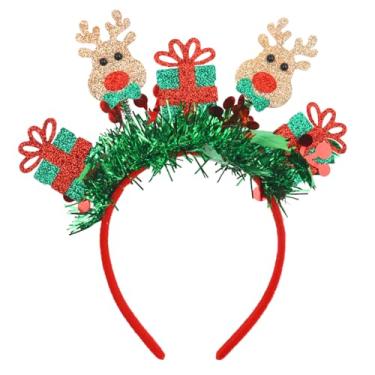 Imagem de Faixa de cabeça de Natal com chifres de alce fofos, desenhos de presente de Natal, argola de cabelo, glitter, verde, borla, cabeça, faixa de cabelo para mulheres, meninas, inverno, Natal, férias, ano