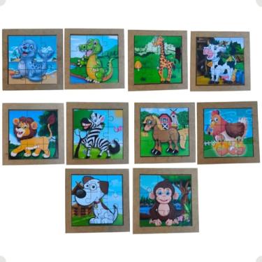 Imagem de Kit 10 Quebra Cabeça em Mdf 9 Peças Jogo Pedagógico Infantil Educativo Lúdico Animais Safari