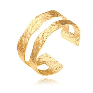 Imagem de Bracelete de punho aberto martelado banhado a ouro 18 K para mulheres meninas declaração texturizada pulseira em camadas joias amor presente para ela, Metal, Sem pedras preciosas