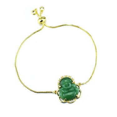 Imagem de Fuqimanman2020 Bracelete banhado a ouro 18 K com elos de Buda Rindo Pingente Jade Pedra Natural Zircônia Cúbica Cristal Ajustável Pedra da Sorte Amuleto Joias de Proteção para Mulheres e Homens,