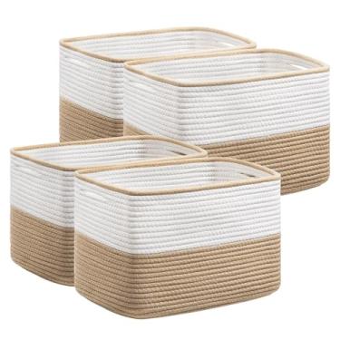 Imagem de UBBCARE Pacote com 4 cestas para organização, cestas de armazenamento de tecido para brinquedos e toalhas, cesta retangular de corda de algodão com alças, 38 cm C x 25 cm L x 23 cm A, marrom