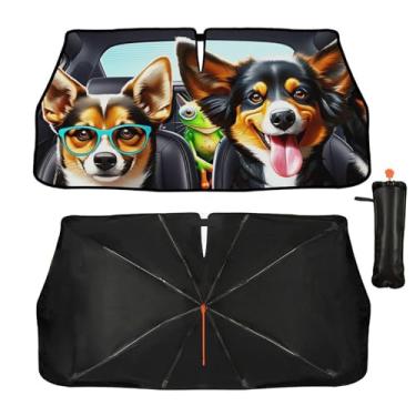 Imagem de Guarda-sol engraçado cães sapo para-brisa guarda-sol para carros 144.8 cm x 76.2 cm capa de guarda-sol carro acessórios blocos raios UV manter o veículo fresco