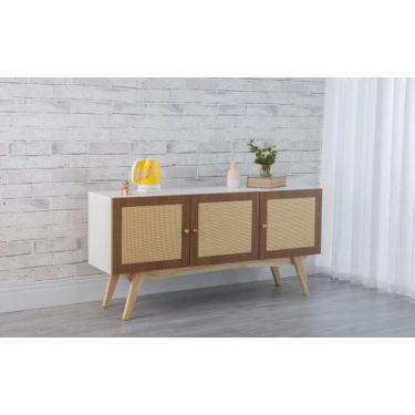 Imagem de Balcão Buffet Para Sala De Jantar Mdf Branco Pés Taeda 3 Portas Freijó