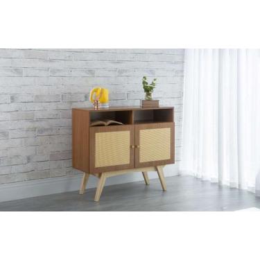 Imagem de Balcão Buffet Mdf Freijó Pés Taeda 2 Portas Com Nicho E Palhinha Retrô