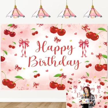 Imagem de Fundo fotográfico de cereja com laço de aniversário, coquete, cerejas doces, para mulheres, meninas, chá de bebê, frutas fofas, decoração de festa de aniversário (208 x 149 cm (7 x 5 pés))