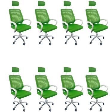 Imagem de Kit 8 Cadeiras Escritório Diretor Oficial Tela Mesh Apoio Nuca Verde Branco