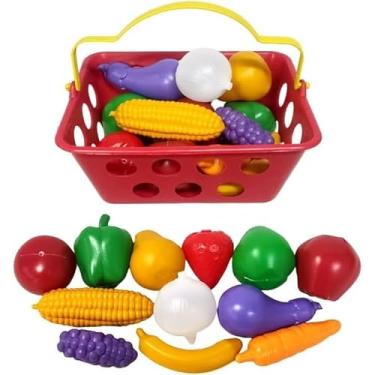 Imagem de Cesta Cestinha de Frutas e Legumes, Brinquedo Educativo Infantil, 12 Peças Nas Cores Rosa ou Vermelho (Vermelho)