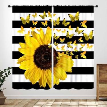 Imagem de Cortinas de girassol para quarto, borboleta de girassol amarelo preto branco listrado impresso menina mulheres casa sala de estar cozinha banheiro janela tratamentos cortinas 2 painéis, 42 x 45