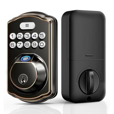 Imagem de Veise Fechadura de porta com impressão digital, entrada sem chave, trava automática, fechadura de teclado eletrônico para porta da frente, biométrica, senha antiespiamento, fácil instalação, bronze