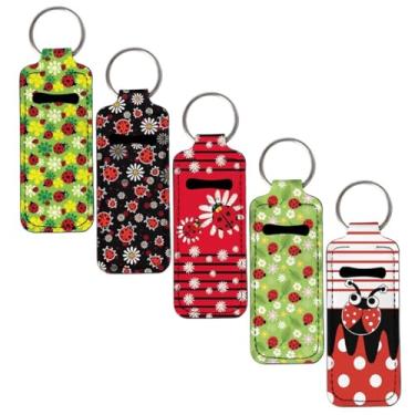 Imagem de KEIAHUAN Chaveiro com estampa de joaninha, 5 peças, porta-batom a granel, porta-chaves, protetor labial com clipe de metal, acessórios de viagem para bolsa e mochila