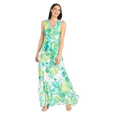 Imagem de R&M Richards Vestido longo de chiffon estampado floral frente única com saia com babados altos e baixos invertidos, Jade/Multi, 42