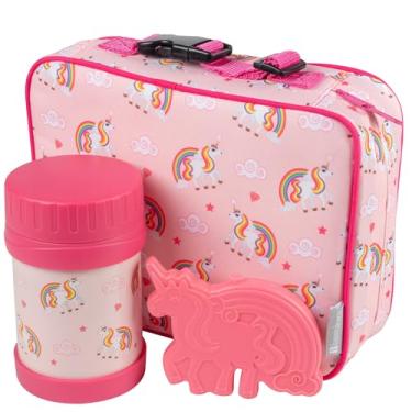 Imagem de Bentology Kit de lancheira com garrafa térmica reutilizável combinando e pacote de gelo para freezer rígido - Lancheira térmica infantil com alça de clipe - fácil de limpar e resistente à água - Mini