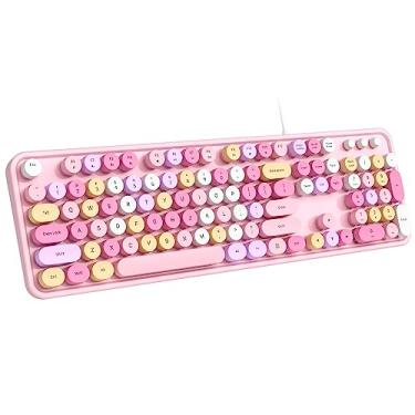 Imagem de Dilter Teclado com fio, 104 teclas, teclados de máquina de escrever, teclado USB Plug and Play Office com teclado numérico, indicadores de tampas, suportes dobráveis para Windows, PC, laptop, desktop (rosa colorido)