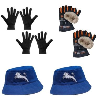 Imagem de Luva Básica, Luva de Moto Forrada, Chapeu Bucket (2 Luva Preta + 2 Luva de Moto Laranja + 2 Chapeu Azul)