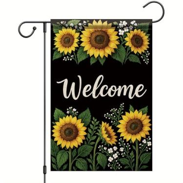 Imagem de Starlit Patio Bandeira de jardim de girassol, verão, primavera, bem-vindo, floral, 30,5 x 45,7 cm, placa xadrez para uso ao ar livre, sazonal, casa de fazenda, decoração de casa