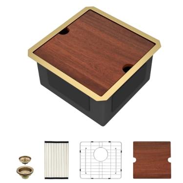 Imagem de Lofeyo 43 cm x 43 cm Estação de trabalho quadrada embaixo da pia de cozinha pequena pia de bar molhado para pequena ilha espacial Rv lavanderia 304 aço inoxidável #LOF0007S, ouro 43 cm L x 43 cm P x