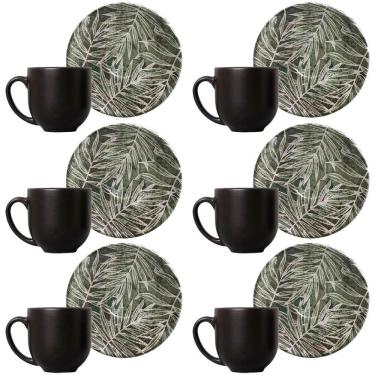 Imagem de Conjunto Com 6 Xícaras e Pires Porto Brasil Coup Herbarium Em Cerâmica 112ml Preto Com Verde