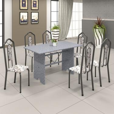 Imagem de Conjunto De Mesa 140X75Cm Tampo Granito Com 6 Cadeiras Bianca Soma Móveis Martelado Prata/Granito Ocre/Arabesco