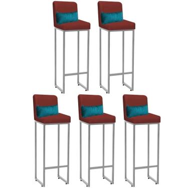 Imagem de Kit 05 Banqueta Alta Com Encosto Industrial Ferro Prata Suede Vermelho E Almofada Azul Turquesa