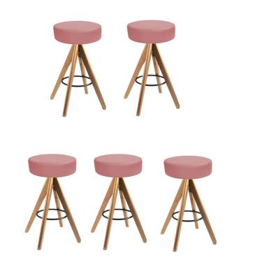 Imagem de Kit 05 Banqueta Alta Redonda Giratória Delia Madeira Balcão Bistrô Cozinha Suede Rose Gold