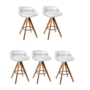 Imagem de Kit 05 Banqueta Alta Com Encosto Bali Base Giratória Madeira Corino Branco - Amey Decor