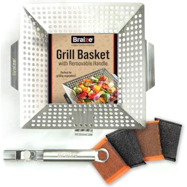 Imagem de Braize Cesta De Grelha Resistente Para Churrasqueira Ao Ar Livre, 30 Cm X 35 Cm, Aço Inoxidável, Com Alça Removível, Churrasco Grande, Vegetais, Peixes E Carnes