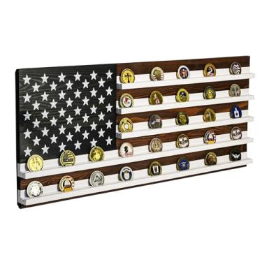 Imagem de Owlgift Moldura Para Moedas De Desafio Grande Feita À Mão, 28" X 12", Suporte Madeira Bandeira Americana, Decoração Parede, Militar Fichas Pôquer, Organizador Medalhas Polícia, Veterano, Patriótico